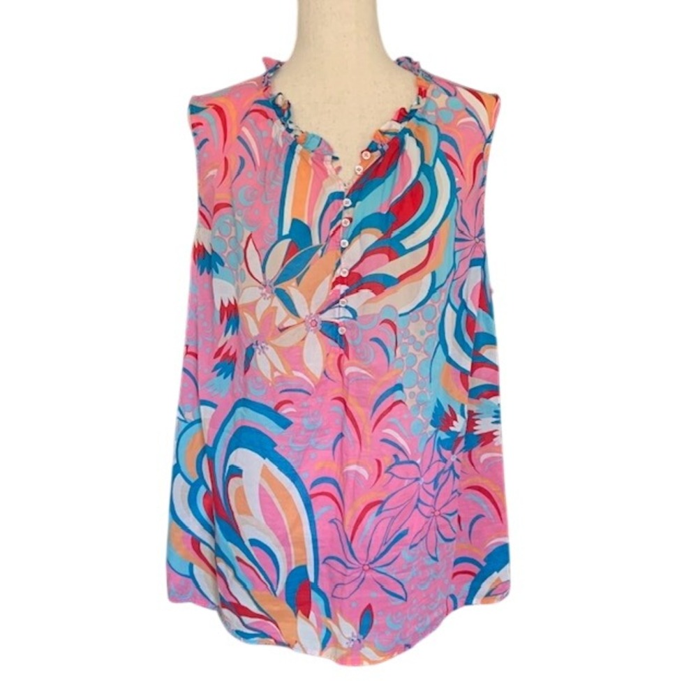 Talbots 2X Tropical Floral Sleeveless Blouse Coastal Preppy Yacht Club Cotton